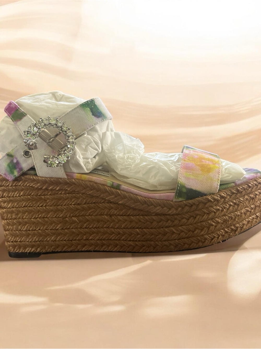 Jimmy Choo Pastel Floral Espadrille Platform Sandals with Crystal Buckle